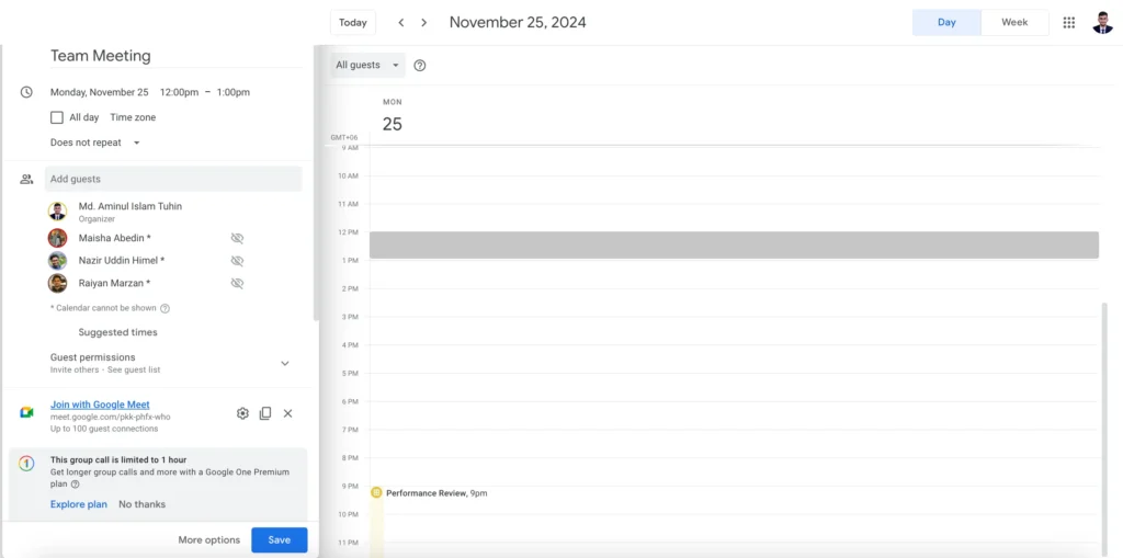 google calendar tips - arrange group meeting using find a time 